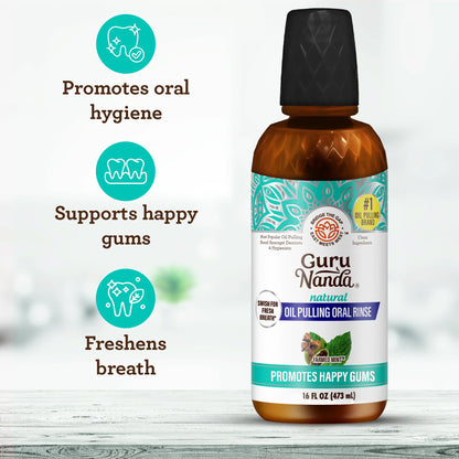 Bottle of Guru Nanda oil pulling oral rinse with features listed on a white background 
