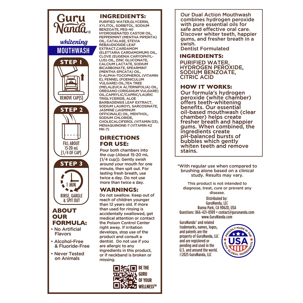 Guru Nanda mouthwash label with ingredients, directions, and branding details. 
