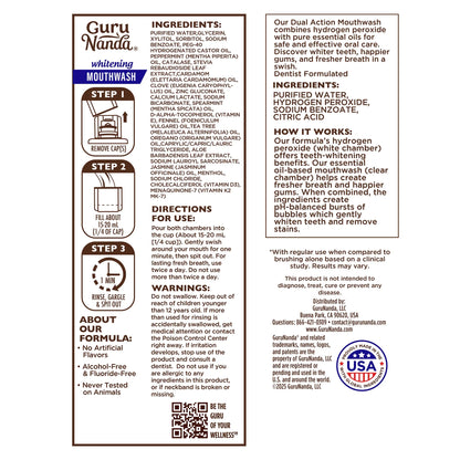 Guru Nanda mouthwash label with ingredients, directions, and branding details. 