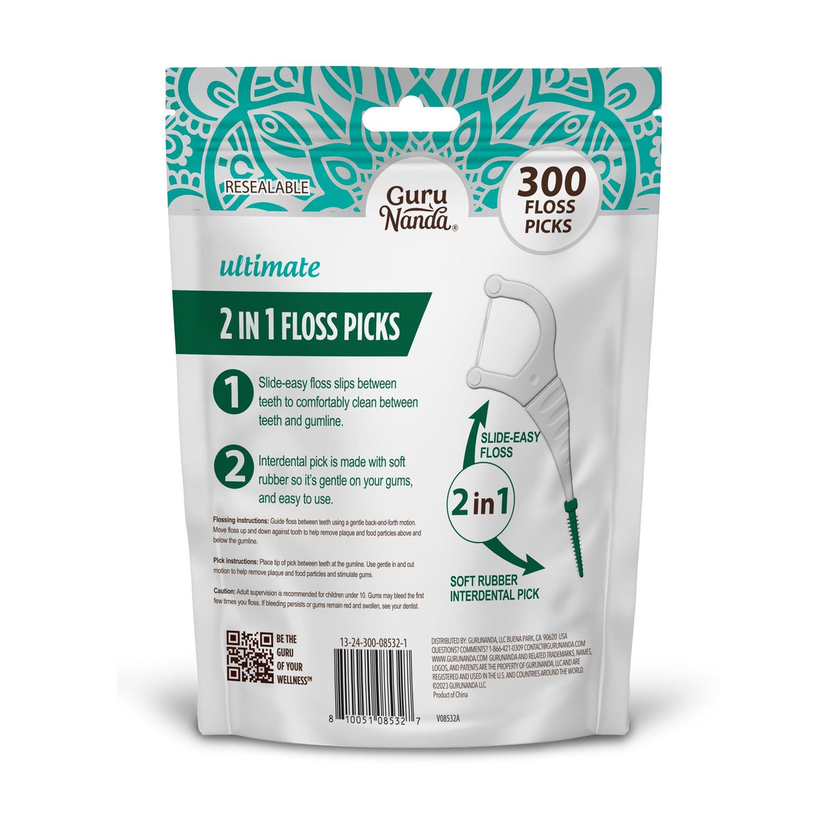 2-in-1 Dental Floss Picks (300 Count) - GuruNanda 