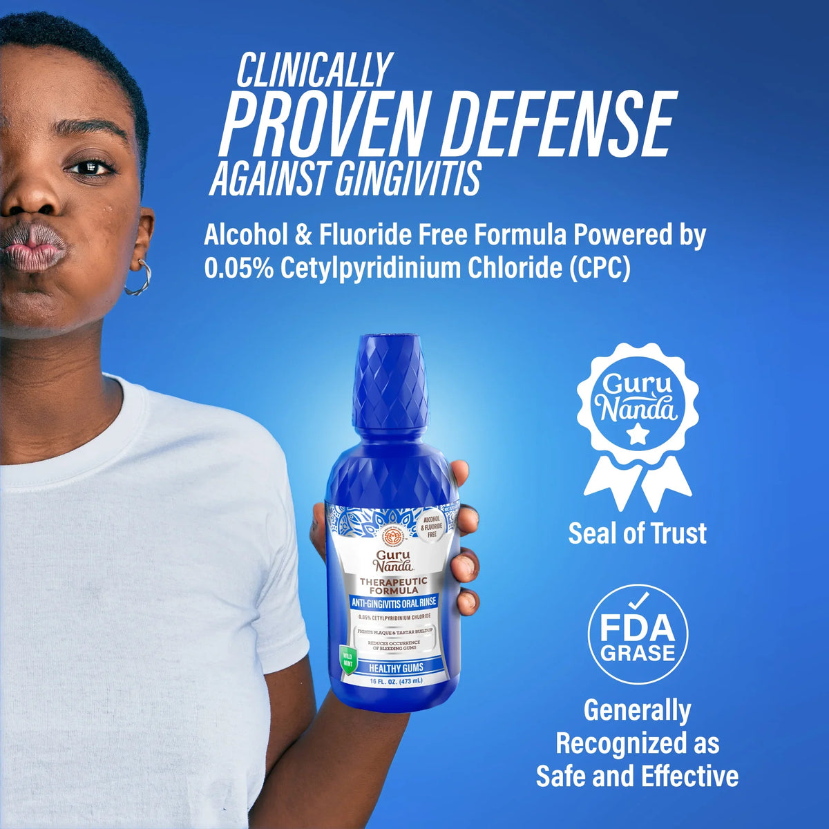 GuruNanda Healthy Gums Anti-Gingivitis Oral Rinse, clinically proven defense against gingivitis with an alcohol and fluoride-free formula.