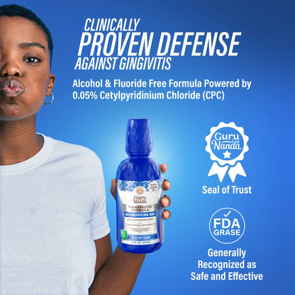 GuruNanda Healthy Gums Anti-Gingivitis Oral Rinse, clinically proven defense against gingivitis with an alcohol and fluoride-free formula.