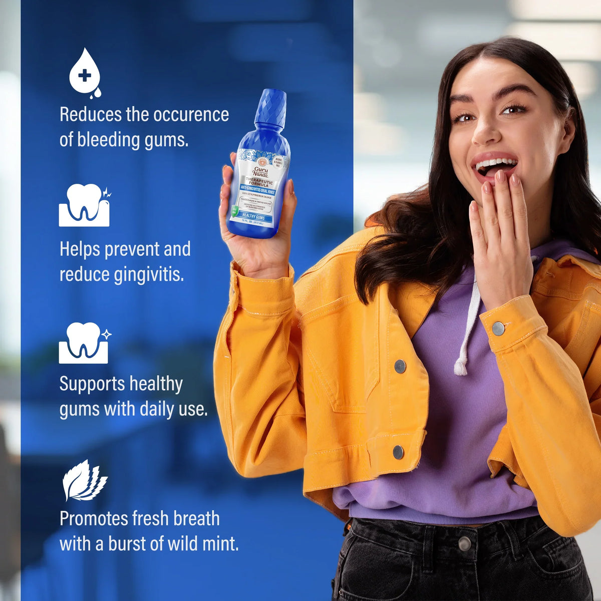 GuruNanda Healthy Gums Anti-Gingivitis Oral Rinse helps reduce bleeding gums, prevent gingivitis, and support healthy gums with a burst of wild mint.