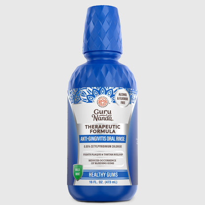 GuruNanda Healthy Gums Anti-Gingivitis Oral Rinse, 16 fl oz, therapeutic formula with 0.05% cetylpyridinium chloride, wild mint flavor.
