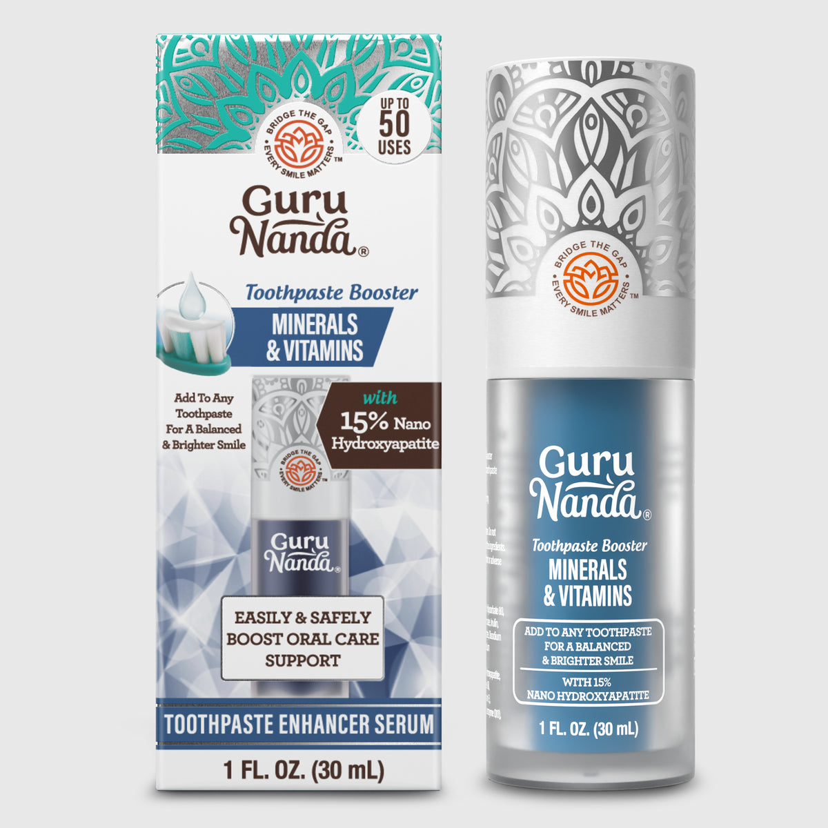 GuruNanda Minerals &amp; Vitamins Toothpaste Booster with 15% Nano Hydroxyapatite, 1 fl oz box and bottle, up to 50 uses