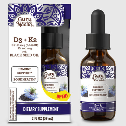 GuruNanda Cold Pressed Black Seed Oil with Vitamin D3, K2, and E, 2 fl oz dietary supplement for immune support and bone health