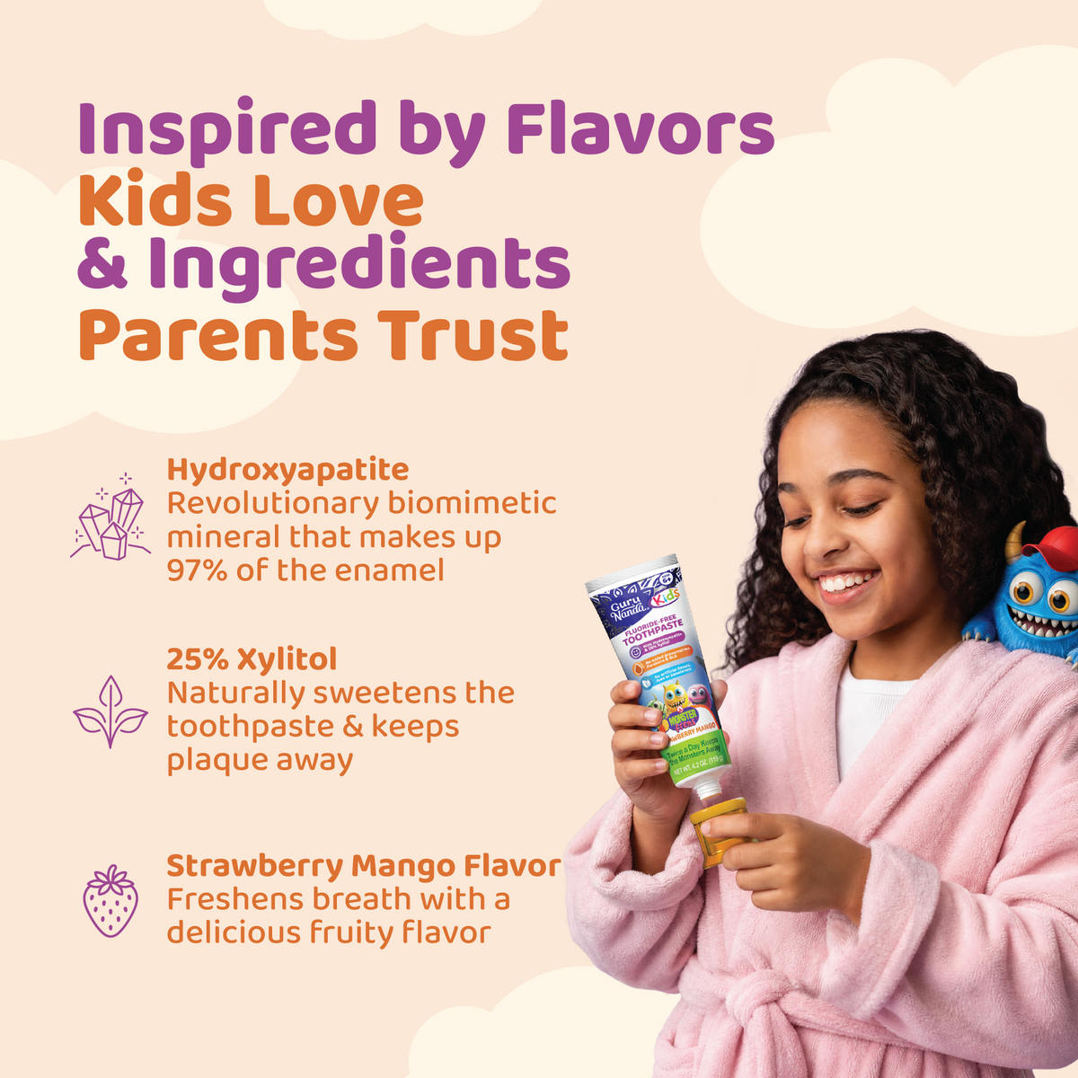 Kids Toothpaste with Xylitol &amp; Hydroxyapatite, Strawberry Mango – 4.2 oz – 3 Pack