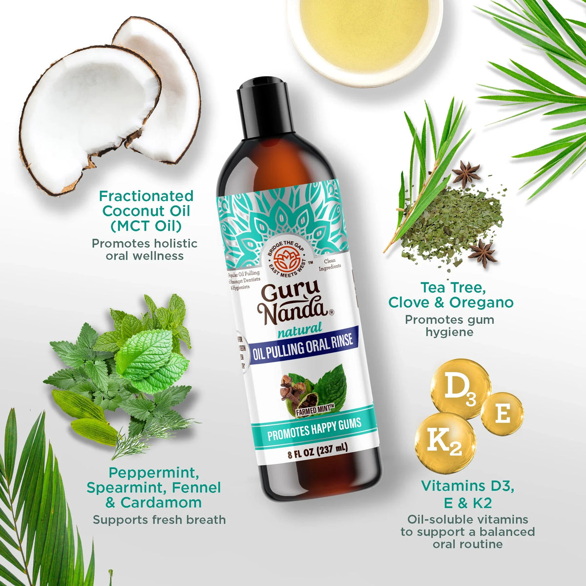 Guru Nanda oil pulling product with ingredients and benefits on a white background #size_8-fl-oz