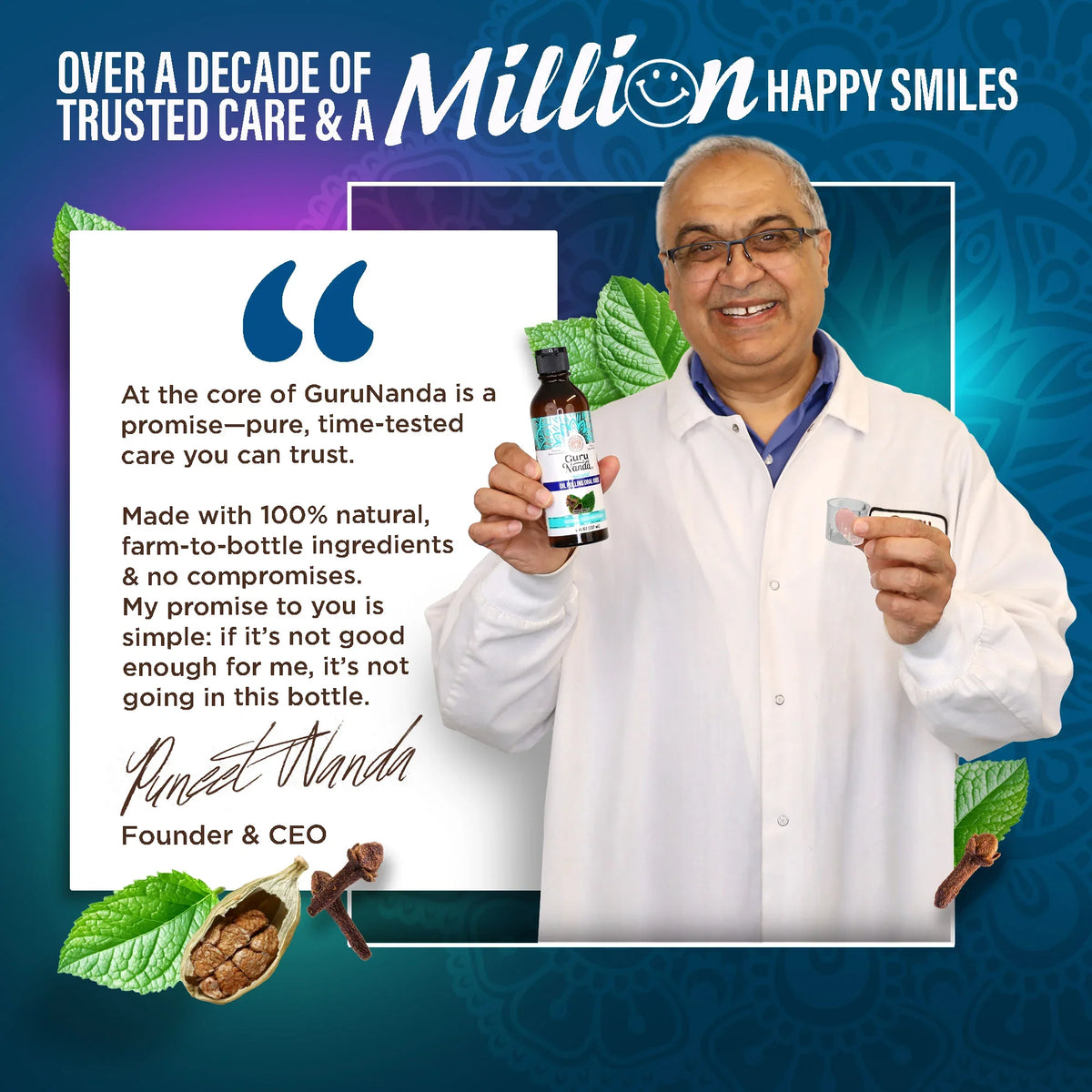 Man holding a bottle and packaging with text about GuruNanda&