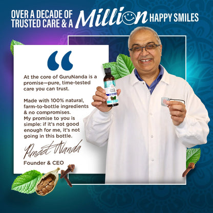 Man holding a bottle and packaging with text about GuruNanda&