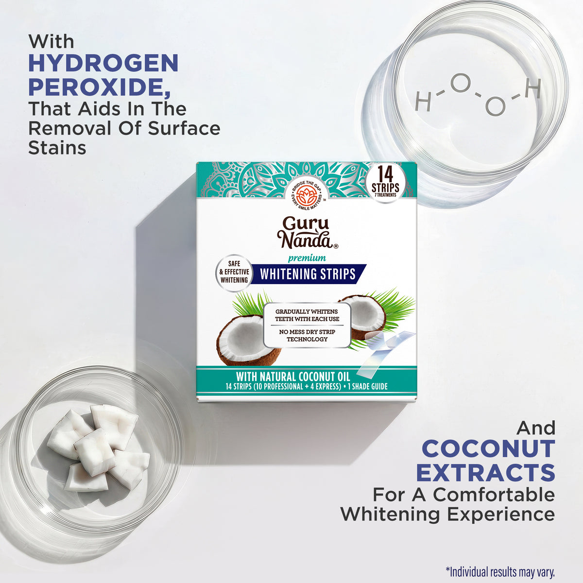 GuruNanda Whitening Strips 14-count box with hydrogen peroxide and natural coconut oil for safe, effective whitening 