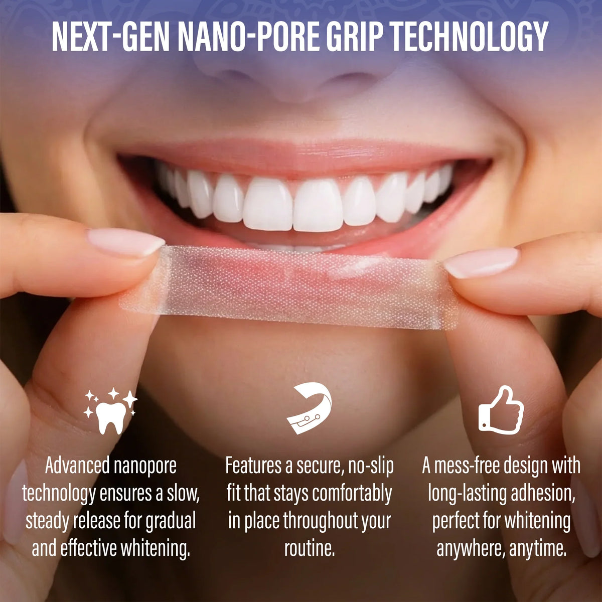 GuruNanda Whitening Strips Next-Gen Nano-Pore Grip Technology strip held up to a smiling mouth for a secure, no-slip fit 