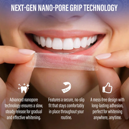 GuruNanda Whitening Strips Next-Gen Nano-Pore Grip Technology strip held up to a smiling mouth for a secure, no-slip fit 