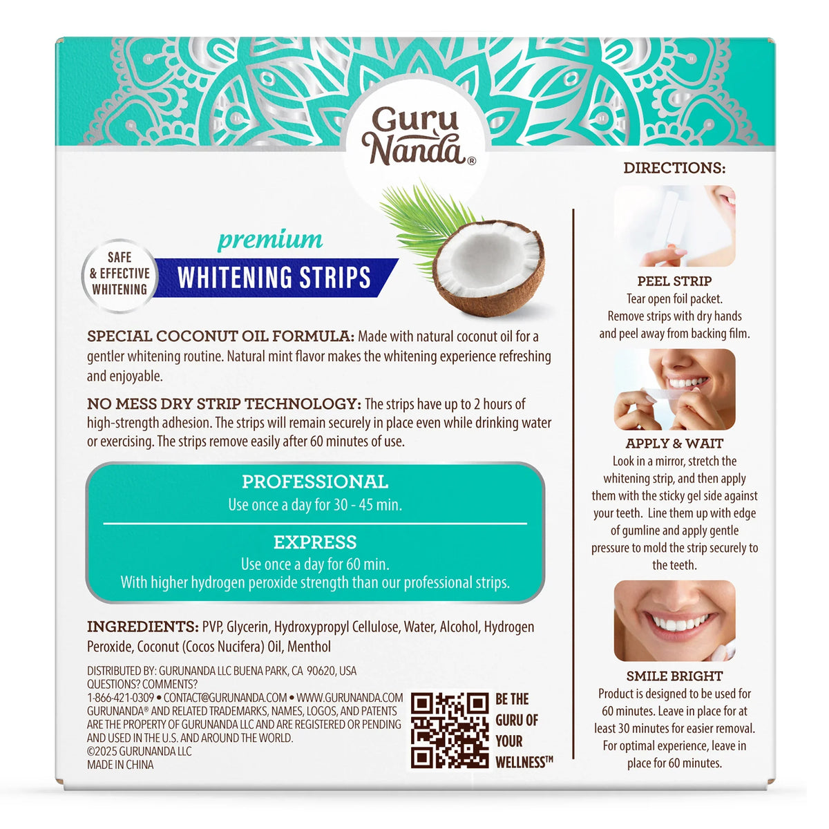 GuruNanda Whitening Strips box back panel with ingredients, directions, and Professional and Express treatment instructions 