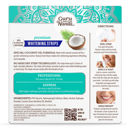 GuruNanda Whitening Strips box back panel with ingredients, directions, and Professional and Express treatment instructions 