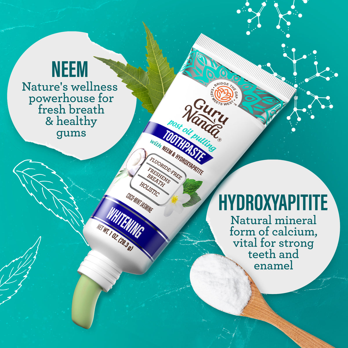 GuruNanda Hydroxyapatite &amp; Neem Whitening Toothpaste with neem for fresh breath and healthy gums, and hydroxyapatite for strong teeth and enamel
