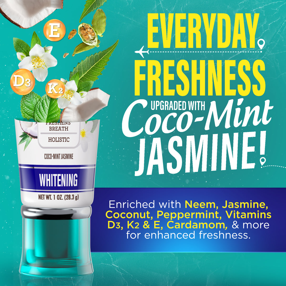GuruNanda Hydroxyapatite &amp; Neem Whitening Toothpaste in coco-mint jasmine flavor, enriched with neem, coconut, peppermint, cardamom, and Vitamins D3, K2 &amp; E
