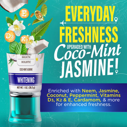 GuruNanda Hydroxyapatite &amp; Neem Whitening Toothpaste in coco-mint jasmine flavor, enriched with neem, coconut, peppermint, cardamom, and Vitamins D3, K2 &amp; E