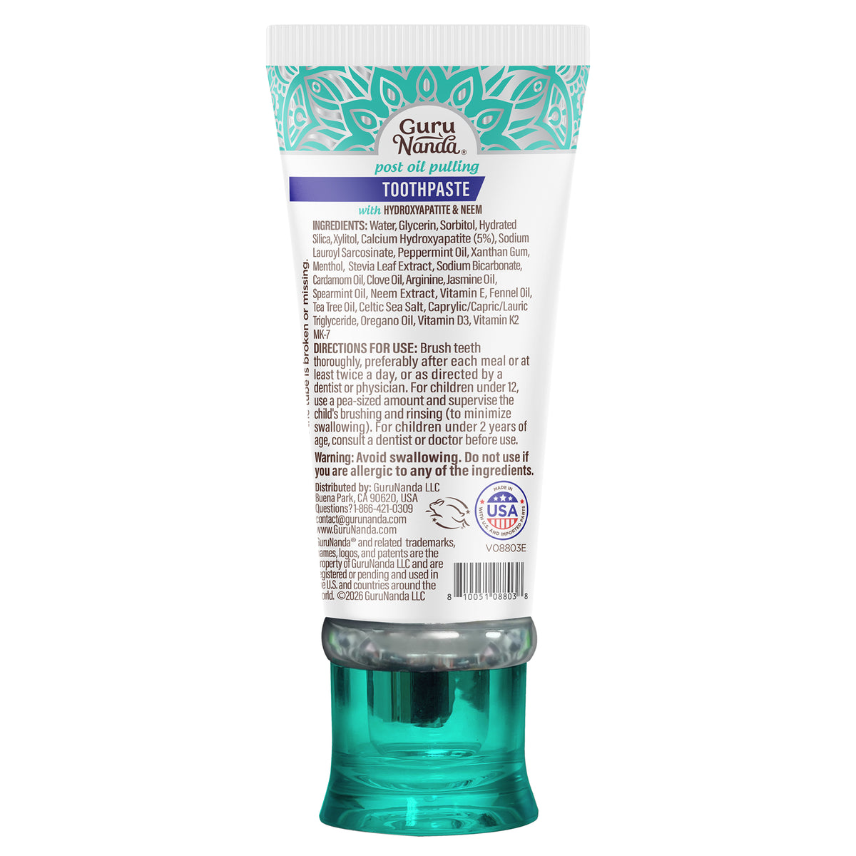 GuruNanda Hydroxyapatite &amp; Neem Whitening Toothpaste tube back panel with full ingredients list and directions for use
