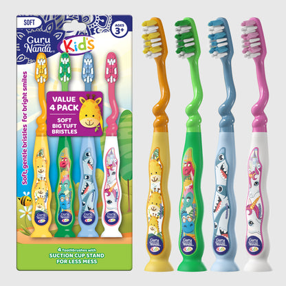 Cepillo de dientes infantil divertido con animales y ventosa – Paquete de 4