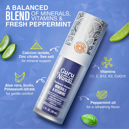 GuruNanda Toothpaste Booster ingredient blend: calcium lactate, zinc citrate, aloe vera, Vitamins D3, E, B12, K2, CoQ10, and peppermint oil