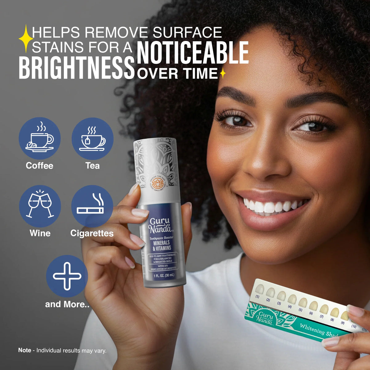 GuruNanda Toothpaste Booster helps remove surface stains from coffee, tea, wine, and cigarettes for noticeable brightness over time