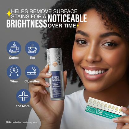 GuruNanda Toothpaste Booster helps remove surface stains from coffee, tea, wine, and cigarettes for noticeable brightness over time
