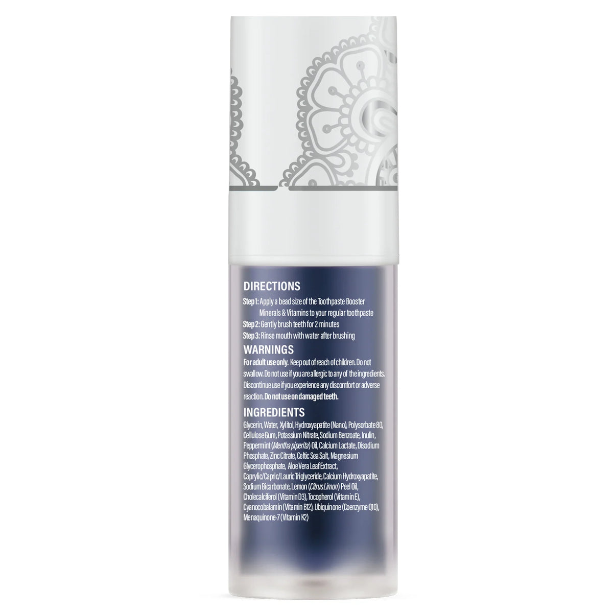 GuruNanda Toothpaste Booster bottle back panel with directions for use, warnings, and full ingredients list