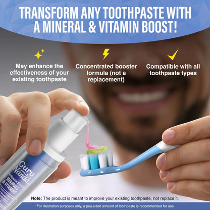 GuruNanda Toothpaste Booster dispensed onto toothpaste on a toothbrush, compatible with all toothpaste types as a concentrated add-on formula