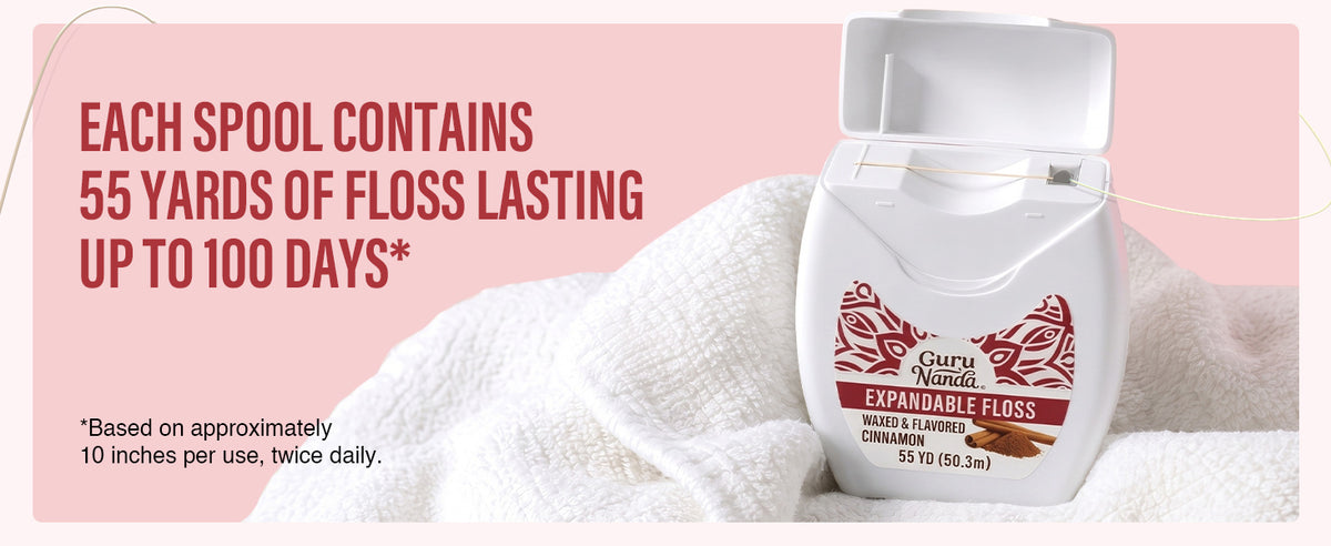 Each spool contains 55 yards of floss, lasting up to 100 days based on approximately 10 inches per use, twice daily.