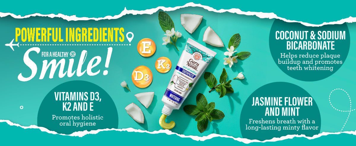 Powerful ingredients for a healthy smile — vitamins D3, K2 and E, coconut and sodium bicarbonate, jasmine flower and mint