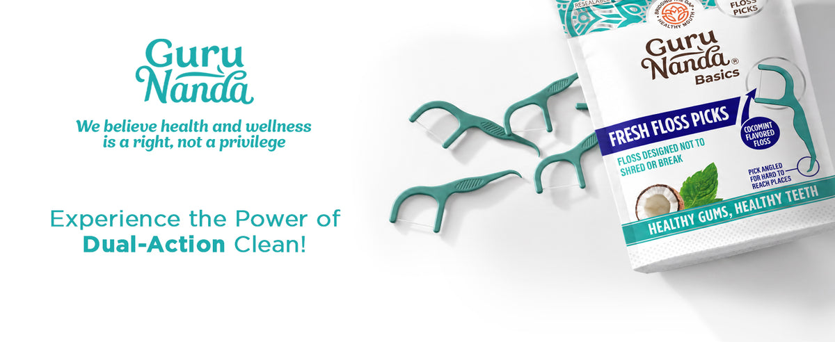 GuruNanda Fresh Floss Picks 60-count pack — experience the power of dual-action clean.
