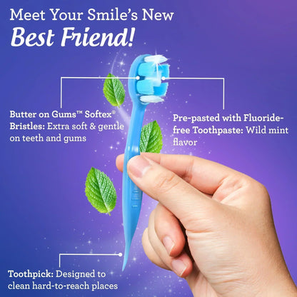 GuruNanda Ready-to-Go toothbrush with Butter on Gums soft bristles, pre-pasted fluoride-free wild mint toothpaste, and a built-in toothpick 